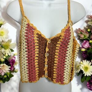 Zara Boho Open Knit Top Sz Small Neutrals Button Front Blouse Crop Festival